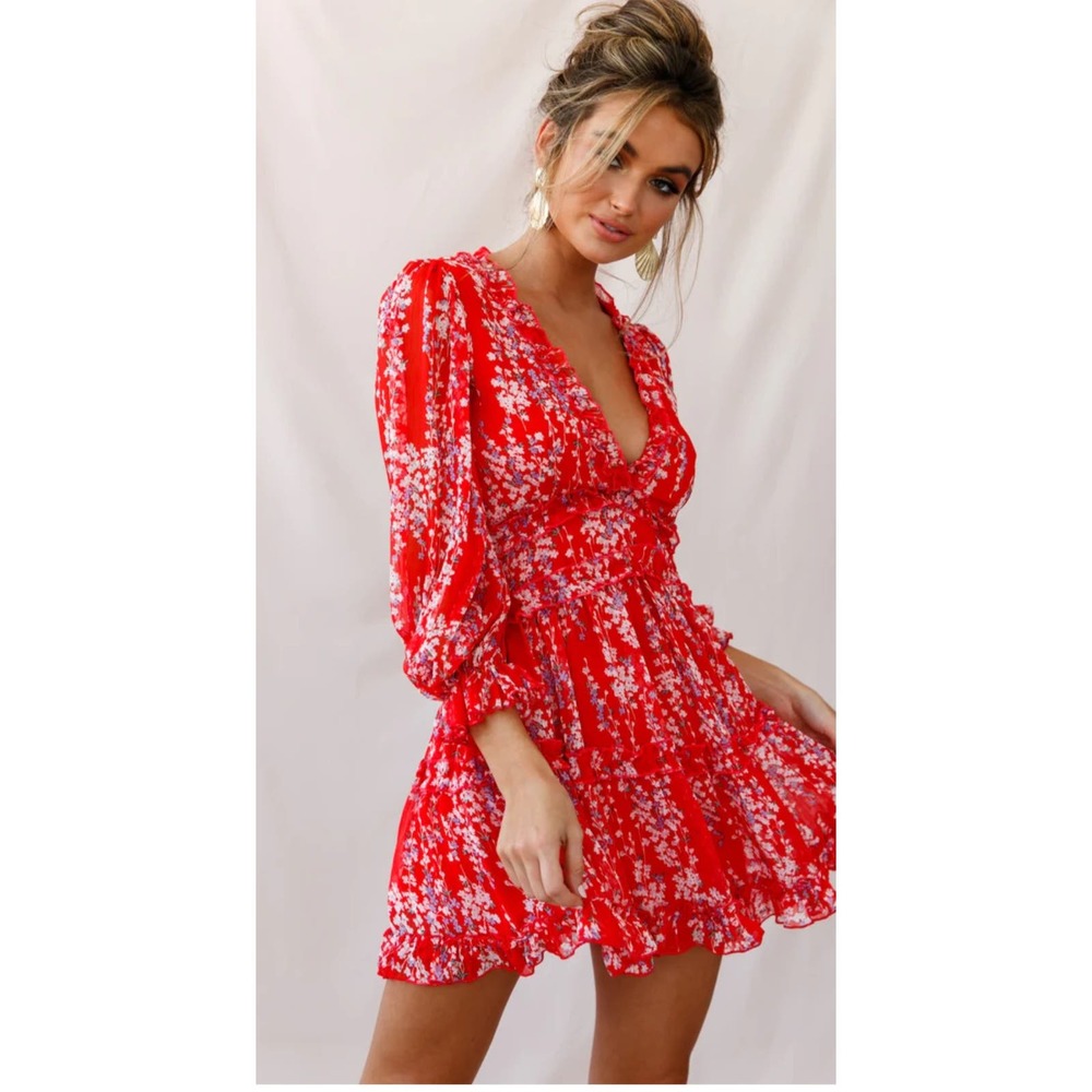 NWT Selfie LANEY CUTOUT BACK RUFFLE DETAIL FLORAL DRESS Red Sz Small